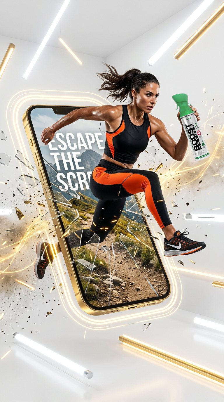 Boost Oxygen campaign creative of a runner bursting out of a phone screen